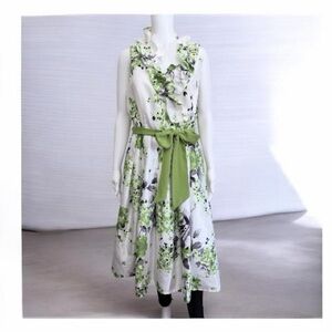 Jessica Howard Green White Gray Ruffled Collar Pleated Skirt Tie Waist Dress 14